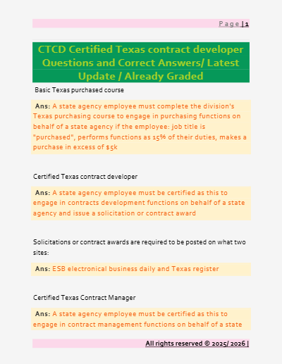 Certified Texas Contract Developer CTCD Exam Bank with Solution 2025/2026 | Complete All Versions Included Package of Practice Questions and Answers - Study Document Thumbnail