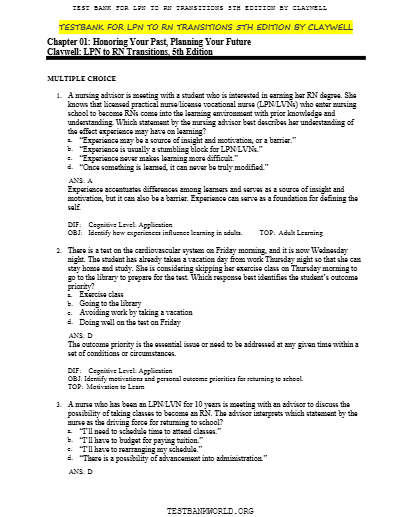 Test Bank - LPN to RN Transitions, 5th Edition (Claywell, 2025), Chapter 1-18 ,All Chapters - Study Document Thumbnail
