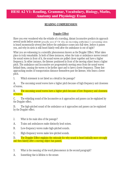 (2025) HESI A2 READING COMPREHENSION, MATHS, GRAMMAR, VOCABULARY, BIOLOGY, A&P AND CHEMISTRY - Study Document Thumbnail