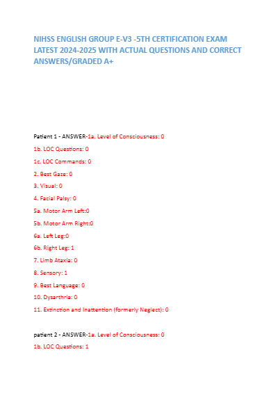 NIHSS ENGLISH GROUP E-V3 -5TH CERTIFICATION EXAM LATEST 2024-2025 WITH ACTUAL QUESTIONS AND CORRECT ANSWERS/GRADED A+ - Study Document Thumbnail