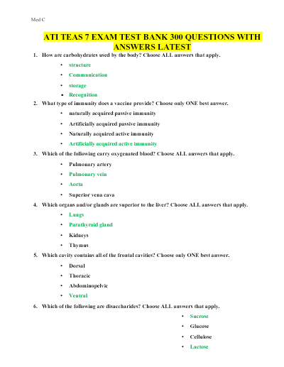 ATI TEAS 7 Exam Test Bank – 300 Questions with Verified Answers – A+ Graded – 2025/2026 Edition - Document Preview