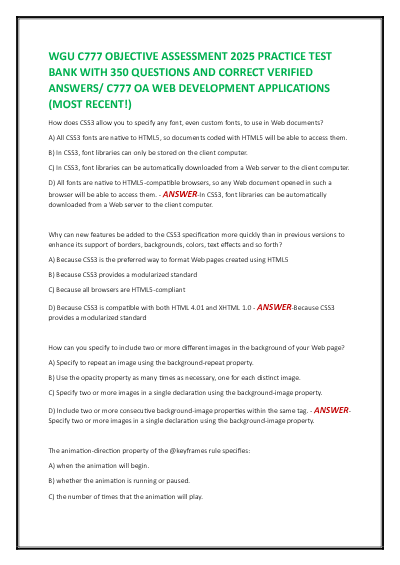 WGU C777 OBJECTIVE ASSESSMENT PRACTICE TEST BANK WITH 350 QUESTIONS AND CORRECT VERIFIED ANSWERS/ C777 OA WEB DEVELOPMENT APPLICATIONS (MOST RECENT!) - Document Preview