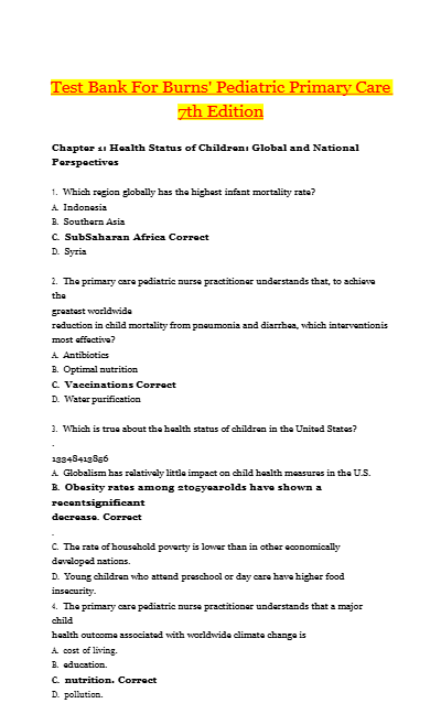 Test Bank For Burns' Pediatric Primary Care 7th Edition - Document Preview