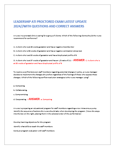 LEADERSHIP ATI PROCTORED EXAM LATEST UPDATE 2024//WITH QUESTIONS AND CORRECT ANSWERS - Document Preview