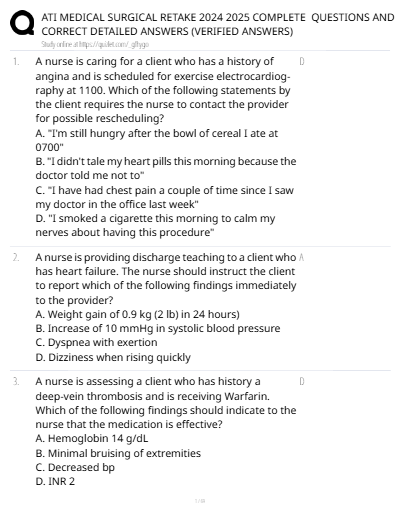 ATI MEDICAL SURGICAL RETAKE 2024 2025 COMPLETE QUESTIONS AND CORRECT DETAILED ANSWERS (VERIFIED ANSWERS) - Study Document Thumbnail