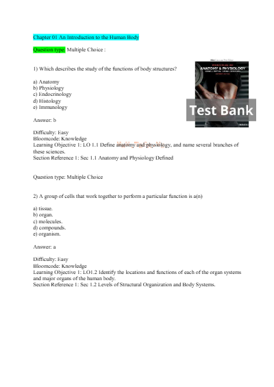Test Bank for Principles of Anatomy and Physiology 16th Edition Tortora All Chapters (1-29) | A+ ULTIMATE GUIDE 2025 - Study Document Thumbnail
