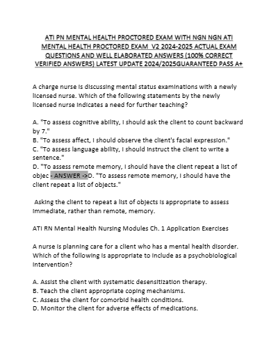 ATI PN MENTAL HEALTH PROCTORED EXAM 2025 WITH VERIFIED SOLUTIONS AND RATIONALE/A+ SCORE ASSURED - POWERFUL EXAM - Study Document Thumbnail