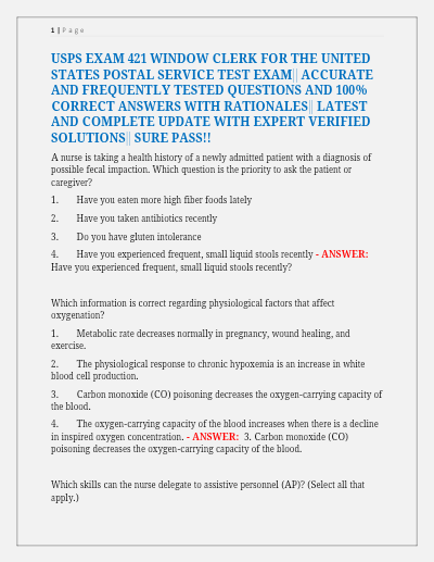 USPS Exam 421 – Window Clerk | 2025/2026 Latest Edition | Real Exam-Based Questions and Answers - Study Document Thumbnail