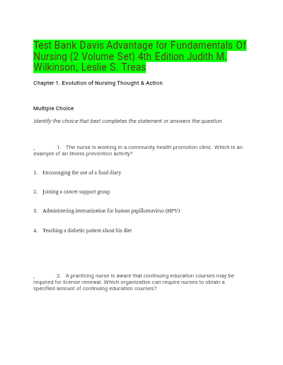 Test Bank Davis Advantage for Fundamentals Of Nursing (2 Volume Set) 4th Edition Judith M. Wilkinson, Leslie S. Treas - Study Document Thumbnail