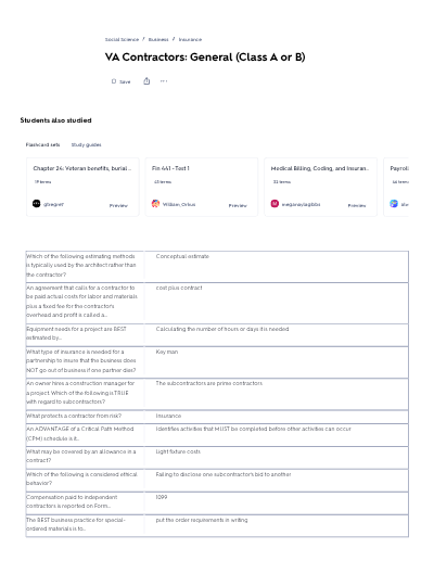 Latest Update! VA Contractors: General (Class A or B) PLUS Advanced (Class A) | A collection of the common questions and correct answers (Verified - Study Document Thumbnail