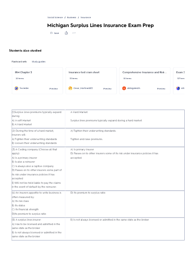 Michigan Surplus Lines Insurance Exam 2025–2026 Accurate Real Exam Questions and Verified Correct A - Study Document Thumbnail