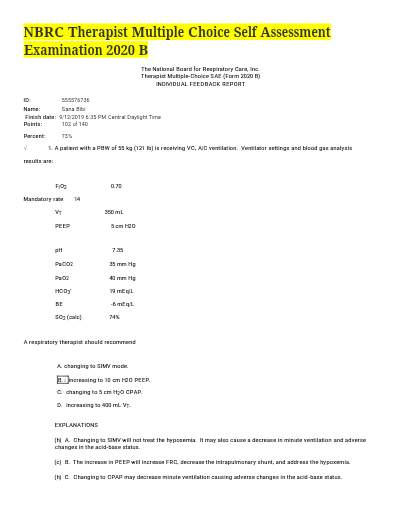NBRC Therapist Multiple-Choice SAE (Form 2020 B) EXAM TEST GUIDE WITH COMPLETE GUIDE - Study Document Thumbnail