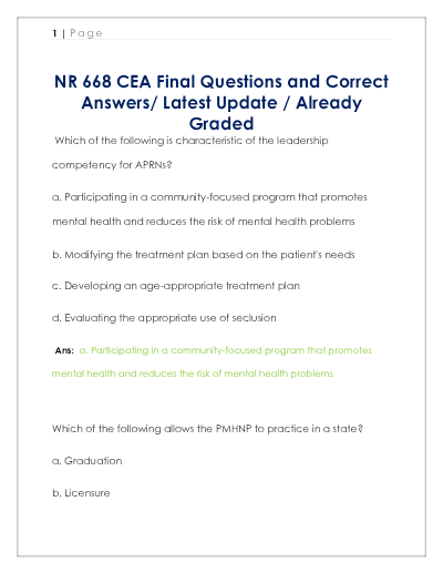 NR 668 CEA FINAL EXAM 2025 COMPREHENSIVE REVIEW TEST BANK WITH 480 REAL EXAM QUESTIONS AND CORRECT - Study Document Thumbnail