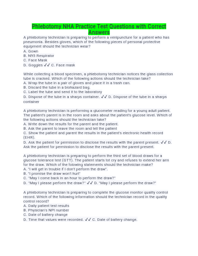 PHLEBOTOMY PRACTICE TEST QUESTIONS AND ANSWERS 2023-2024 [NURSING CARE EXAM] - Study Document Thumbnail