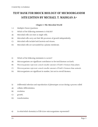 Brock Biology of Microorganisms, 16th Edition by Madigan - Test Bank, All 34 Chapters Covered - Study Document Thumbnail