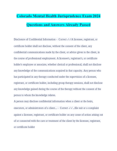 COLORADO MENTAL HEALTH JURISPRUDENCE EXAM STUDYGUIDE AND PREP QUESTIONS (A NEW UPDATED VERSION 2025 - Study Document Thumbnail