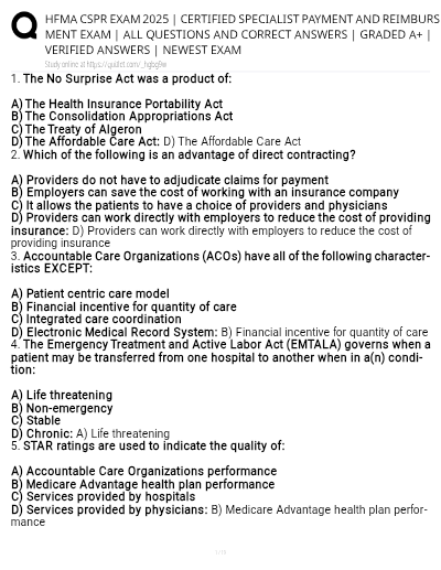 HFMA CSPR Exam 2025 | Latest Test Bank with 100% Verified Questions & Correct Detailed Answers | Revenue Cycle • Reimbursement • Patient Access | Graded A+ & Expert-Verified - Study Document Thumbnail