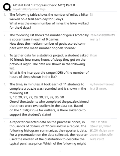 AP Statistics - Unit 1 Progress Check MCQ Part B latest solution 2024 A+ QUALITY - Study Document Thumbnail