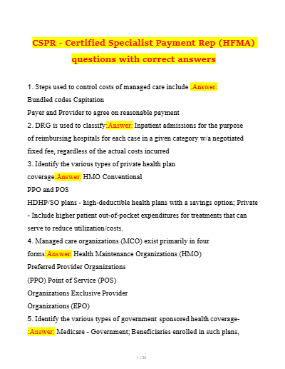 HFMA CSPR Exam 2025 | Latest Test Bank with 100% Verified Questions & Correct Detailed Answers | Revenue Cycle • Reimbursement • Patient Access | Graded A+ & Expert-Verified - Study Document Thumbnail
