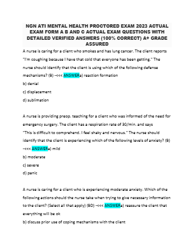RN ATI Mental Health Proctored Exam NGN 2023 with answers. All  of actual exam.93% Level 3 - Study Document Thumbnail