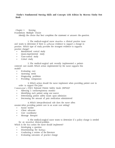 Complete Test Bank for Timby’s Fundamental Nursing Skills and Concepts by Donnelly-Moreno, 12th Edition: Chapters 1-38 - Study Document Thumbnail