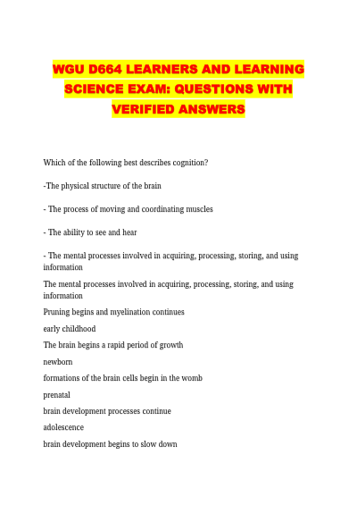 WGU D664 Final Exam (NEW 2025/ 2026 Update) Learners and Learning Science |Questions & Answers| Grade A| 100% Correct (Verified Solutions) - Study Document Thumbnail