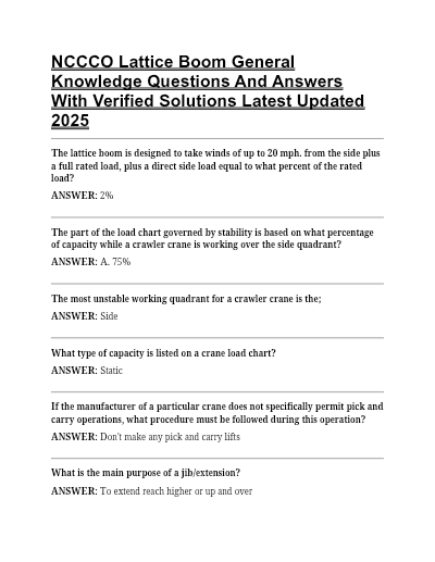 NCCCO Lattice Boom General Knowledge / Complete Study Guide Exam Review / Newest 2025 Actual Exam 50+ Questions and Correct Answers (Verified Answers) - Study Document Thumbnail