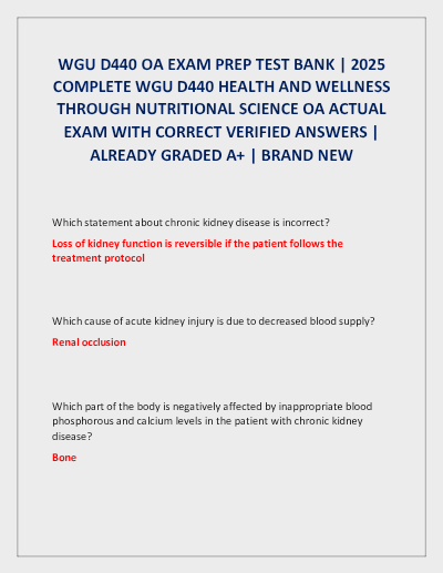 WGU D440 OA Health and nutrition D440 OA ACTUAL EXAM 100 QUESTIONS AND CORRECT ANSWERS 2025-2026 LA - Study Document Thumbnail