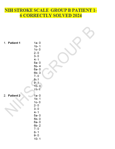 NIH Stroke Scale Group B Patient 1-6 100% VERIFIED ANSWERS 2024/2025 - Study Document Thumbnail