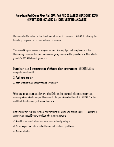 American Red Cross First Aid, CPR, and AED Exam 2026 | Updated Certification Test (2 Versions) with Verified A+ Answers (Newest Edition) - Study Document Thumbnail