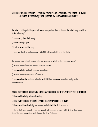 ALPP CLC Exam 2026 – Certified Lactation Consultant Practice Tests (9 Versions) with Verified A+ Answers (Newest Edition) - Study Document Thumbnail