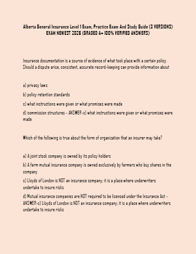 Alberta General Insurance Level 1 Exam 2026 (3 Versions) | Updated Practice Test & Study Guide with 100% Verified A+ Answers (Newest Edition) - Study Document Thumbnail