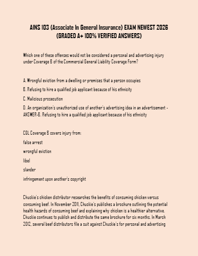 AINS 103 Exam 2026 | Updated Associate in General Insurance Test with 100% Verified A+ Answers (Newest Edition) - Study Document Thumbnail