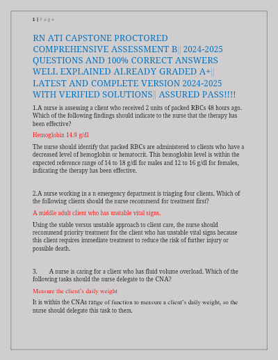 RN ATI COMPREHENSIVE ASSESSMENT EXAM 2023/2024 3rd set (2versions combined) - Study Document Thumbnail