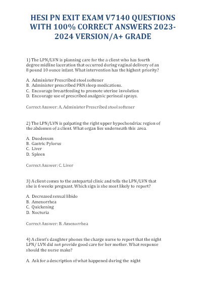 HESI PN EXIT REAL EXAM [LPN/LVN] || 2025 LATEST VERSION 140 QUESTIONS AND CORRECT ANSWERS WITH 80% PASS RATE || ALREADY GRADED A+ - Study Document Thumbnail