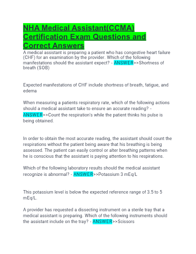 CCMA NHA CERTIFICATION EXAM Questions and Verified Answers 2025 - Study Document Thumbnail