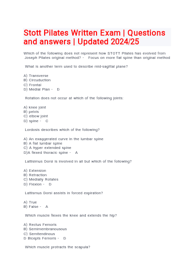 Stott pilates written exam Questions and answers Newest RATED A+ 2025/2026 UPDATED 100% VERIFIED CORRECT - Study Document Thumbnail