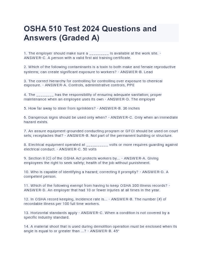 OSHA 510 TEST QUESTIONS OVERVIEW ( UPDATED 2025 ) | QUESTIONS WITH 100% VERIFIED ANSWERS AND COMPREHENSIVE RATIONALES | GRADED A+ - Study Document Thumbnail