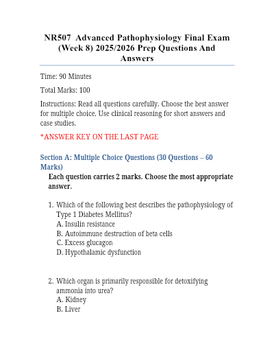 NR507 / NR 507 Final Exam (Chamberlain, 2025/2026) – Advanced Pathophysiology Complete Guide with Questions and Verified Answers | 100% Correct | Grade A - Study Document Thumbnail