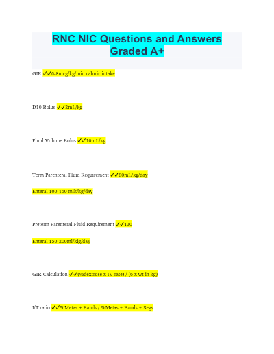 RNC-NIC Test Questions and Answers 2024/2025 – A+ Grade Comprehensive Exam Review - Study Document