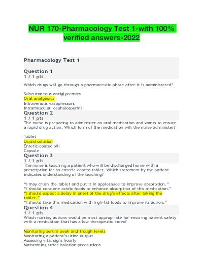 Exam 1: NUR170 / NUR 170 (NEW 2025/ 2026 Update) Concepts of Medical-Surgical Nursing Review| Questions & Answers| Grade A| 100% Correct (Verified Solutions)- Galen - Study Document