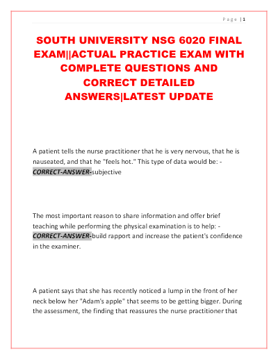 SOUTH UNIVERSITY NSG 6020 FINAL EXAM - Study Document