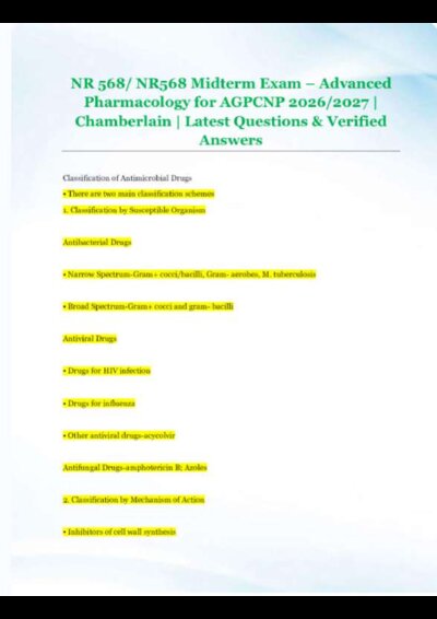 NR 568/ NR568 Midterm Exam – Advanced Pharmacology for AGPCNP 2026/2027 | Chamberlain | Latest Questions & Verified Answers